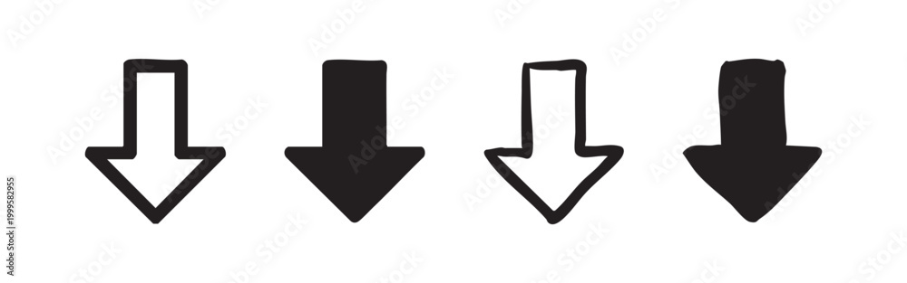 Fototapeta premium Downward Arrow Direction Icon Set with Hand-Drawn and Solid Styles