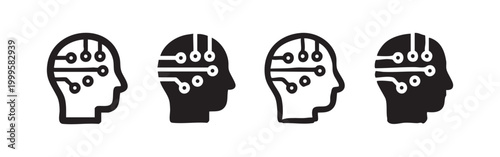 Human Head Circuit and Cybernetic AI Icon Set in Various Hand-Drawn Styles