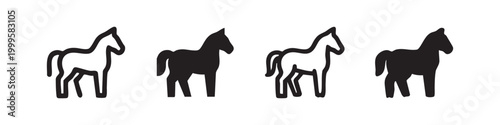 Horse icon set in various styles, symbolizing power, speed, nature, and equestrian activities.