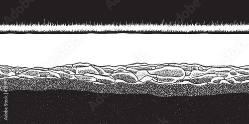 Abstract black and white distressed horizontal bands with grungy organic mountain landscape texture distressed background rough texture old texture abstract distressed horizontal landscape