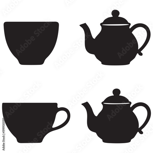 Black silhouette of teacup and teapot set on a white background simple vector design