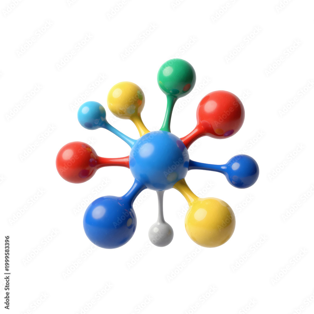 Obraz premium Colorful molecular model with spheres connected to a central sphere isolated on white