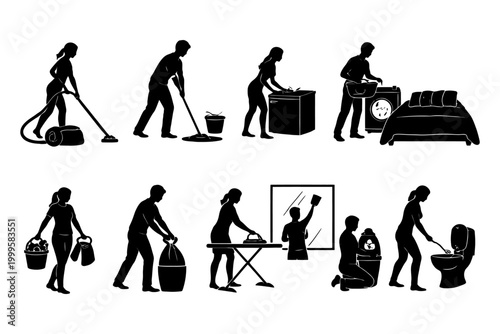 Silhouette illustrations of male and female performing various household chores.