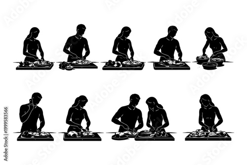 Silhouette cooking: male and female adults preparing meals together.