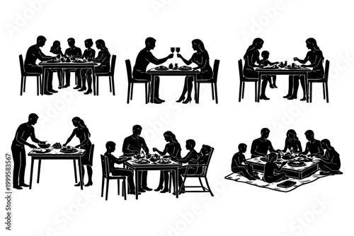 Silhouette family dining scenes with adults and children engaging in meals together.