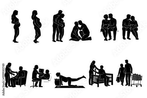 Silhouette illustrations of family life: pregnancy, parenting, exercise, and shopping.