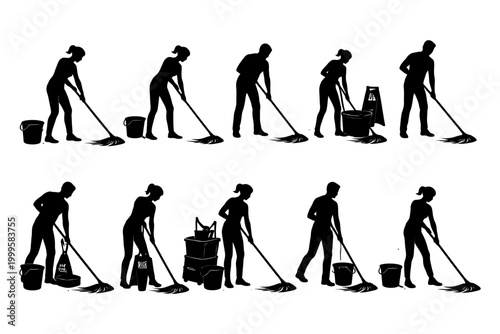 Silhouette figures mopping floor - male and female cleaning scene.