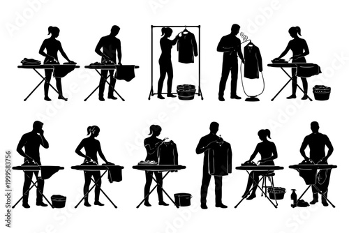 Silhouette of adults ironing clothes with steamers and ironing boards.
