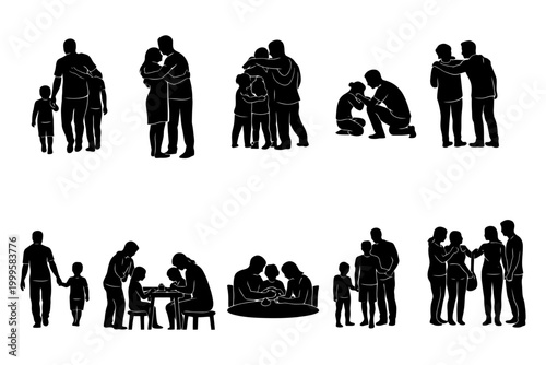 Silhouettes of families in various interactions and embraces.