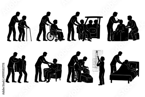 Silhouettes of caregivers assisting elderly with daily activities and mobility.