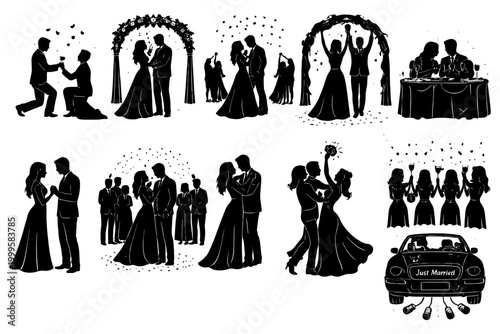 Silhouette wedding moments: couples, ceremonies, celebrations, and honeymoon getaway.