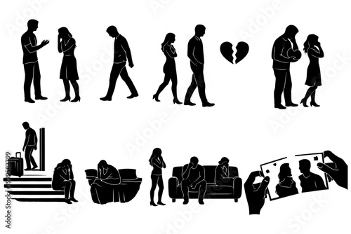 Silhouetted depictions of relationship struggles and heartbreak.