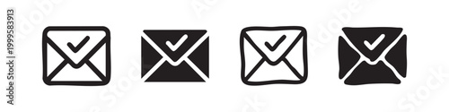 Sent Email Message with Checkmark Icon Set - Hand Drawn and Solid Vector Illustration