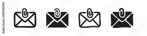 Email Message with Attachment Paperclip Icon Set - Hand Drawn and Solid Vector Illustration