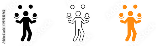 Minimalist illustration of a juggler and scattered circles on a black background