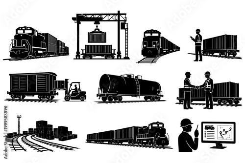 Industrial train operations and logistics in black and white vector art.