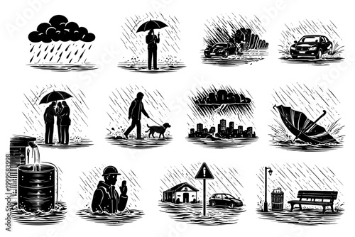 Monochrome illustrations of rainy weather, floods, and everyday scenes.
