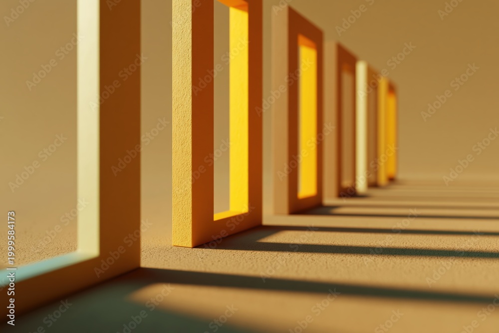 Fototapeta premium Floating rectangular frames casting soft shadows in warm minimal setting