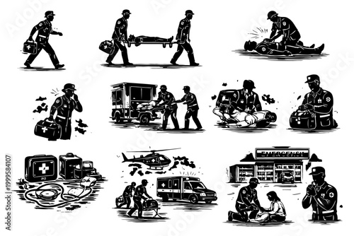Emergency response illustrations: medical personnel, equipment, and transport.