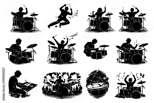 Energetic male drummer silhouettes performing various rhythmic actions on stage.