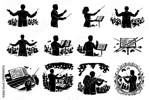 Conductor and musicians in silhouette ensemble.