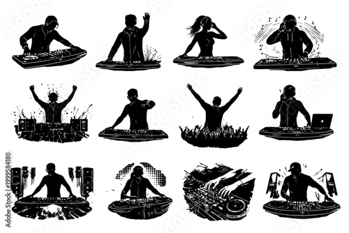 Silhouette djs mixing music - male and female figures in action.