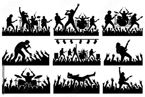 Energetic silhouette rock concert with band and crowd in dynamic performance atmosphere.