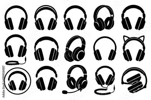 Variety of headphone silhouettes including over-ear, on-ear, and earbuds with unique designs.