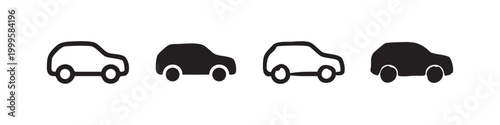 SUV Car Side View Vehicle Icon Set Automotive Transport Symbols in Minimalist Outline and Hand Drawn Doodle Styles