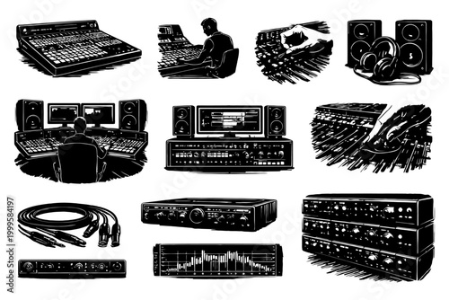 Audio engineering equipment: mixers, consoles, and studio tools.