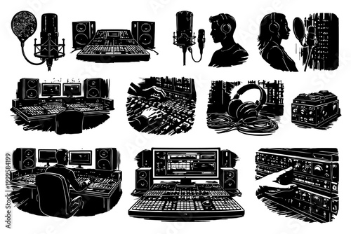 Black and white music studio equipment and artists in recording session.