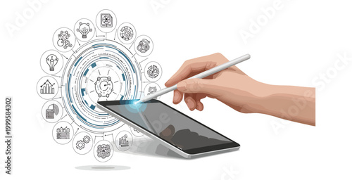 Person using a digital pen on a tablet with business icons and strategy charts