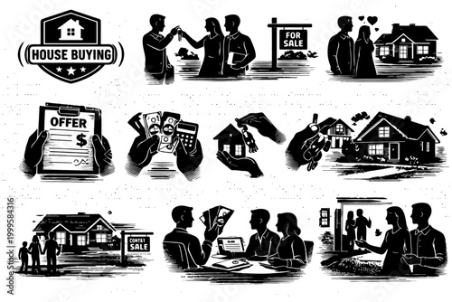 Monochrome illustrations of house buying process with diverse characters in various stages.