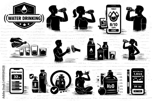 Silhouette illustrations of hydration and water intake tracking for health.