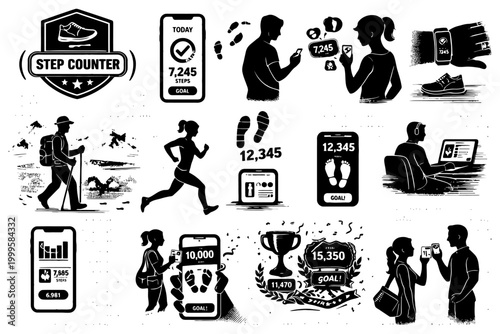 Black and white fitness step tracker with diverse activities and icons.