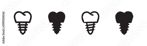 Dental Implant Icon Set in Hand Drawn and Solid Styles