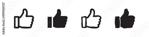 Thumbs up like icons set, hand-drawn approval gesture in outline and solid styles for social media and feedback.