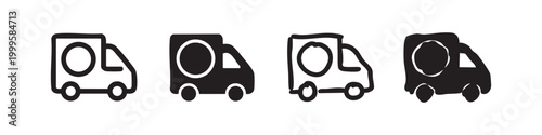 Delivery truck with circle icons, hand-drawn shipping vehicle in outline and solid for logistics and express service.