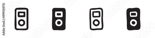 Music player icons set, hand-drawn MP3 devices in outline and solid for audio entertainment and technology.