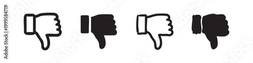 Thumbs down dislike icons set, hand-drawn rejection gesture in outline and solid styles for negative feedback.