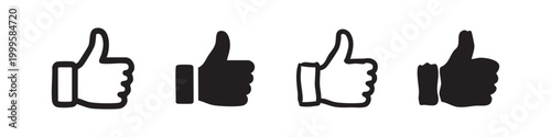 Thumbs up like icons set, hand-drawn positive gesture in outline and solid styles for social media approval.