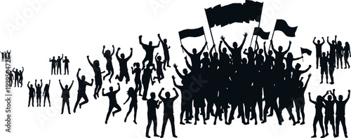 Large Crowd of People Silhouettes Cheering with Flags and Banners for Celebration or Protest