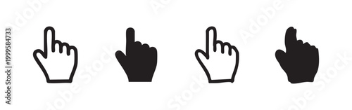 Hand pointer cursor icons set, pointing finger in outline and solid, hand-drawn for user interface elements.