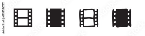 Film strip icons set, movie reel elements in outline and solid, hand-drawn for video production and cinema.