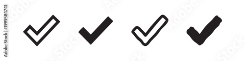 Checkmark tick icons set, hand-drawn approval symbols in outline and solid styles for tasks and verification.