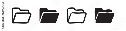Open folder icon set. File directory symbol with open flap in various styles. Document access line art and solid glyphs on white background.