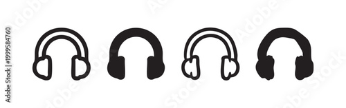 Headphone icon set. Music headset symbol in different styles. Audio device line art and solid glyphs on white background.