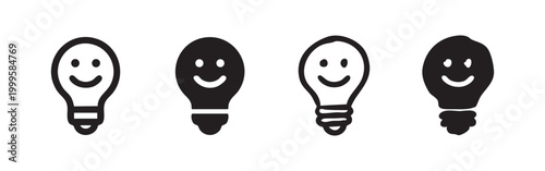 Lightbulb with smiley face icons, hand-drawn idea symbols in outline and solid styles for innovation.