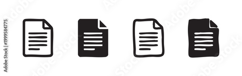 Text document icon set. Generic file symbol with lines in various styles. Plain paper line art and solid glyphs on white background.