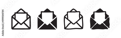 Open envelope icon set. Mail or message symbol with letter in various styles. Read email line art and solid glyphs on white background.